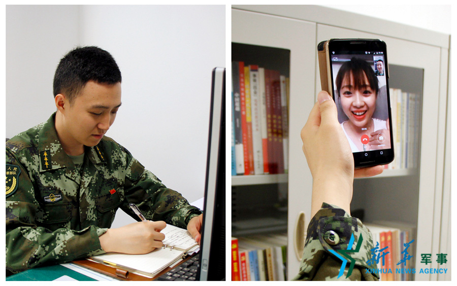 &uarr;陳德正，武警北京總隊(duì)七支隊(duì)某中隊(duì)指導(dǎo)員。七夕前夜堅(jiān)守在值班崗位上的他，在結(jié)束值班后給妻子打了個(gè)視頻電話，通過網(wǎng)絡(luò)表達(dá)著對(duì)妻子的愛意。閆星辰 攝