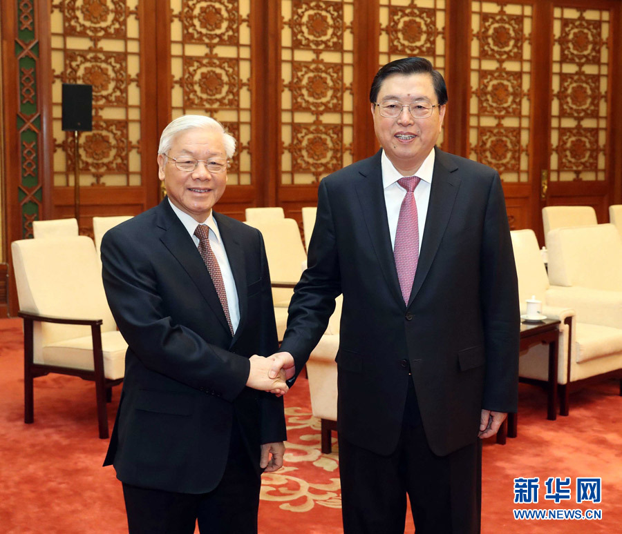 1月13日，中共中央政治局常委、全國(guó)人大常委會(huì)委員長(zhǎng)張德江在北京人民大會(huì)堂會(huì)見(jiàn)越共中央總書(shū)記阮富仲。 新華社記者 劉衛(wèi)兵 攝