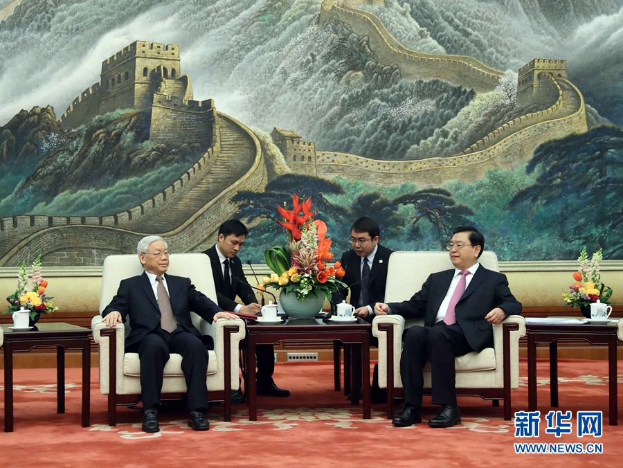 1月13日，中共中央政治局常委、全國(guó)人大常委會(huì)委員長(zhǎng)張德江在北京人民大會(huì)堂會(huì)見(jiàn)越共中央總書(shū)記阮富仲。 新華社記者 劉衛(wèi)兵 攝