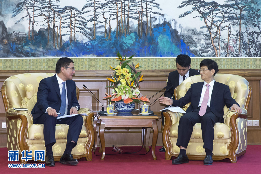 7月19日，中共中央政治局委員、中央政法委書記孟建柱在北京會見烏茲別克斯坦副總理庫奇卡羅夫。 新華社記者崔新鈺攝