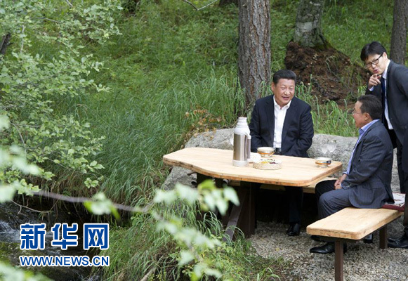 8月22日，國家主席習近平同蒙古國總統(tǒng)額勒貝格道爾吉在烏蘭巴托市郊的總統(tǒng)官邸再次會晤。這是習近平同額勒貝格道爾吉會晤后在溪畔飲茶。新華社記者 黃敬文 攝