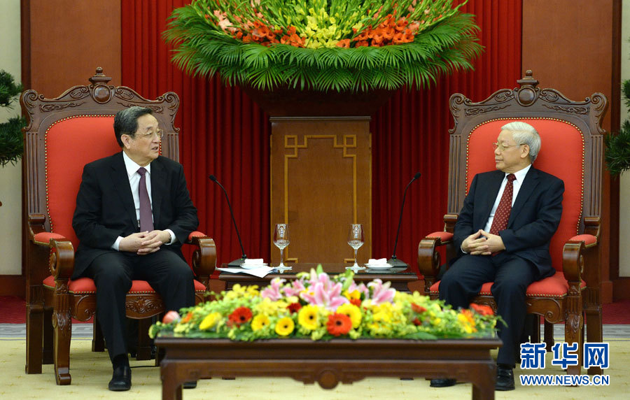 12月25日至27日，中共中央政治局常委、全國(guó)政協(xié)主席俞正聲對(duì)越南進(jìn)行正式訪問(wèn)。這是12月26日，俞正聲在河內(nèi)會(huì)見(jiàn)越共中央總書記阮富仲。 新華社記者馬占成攝