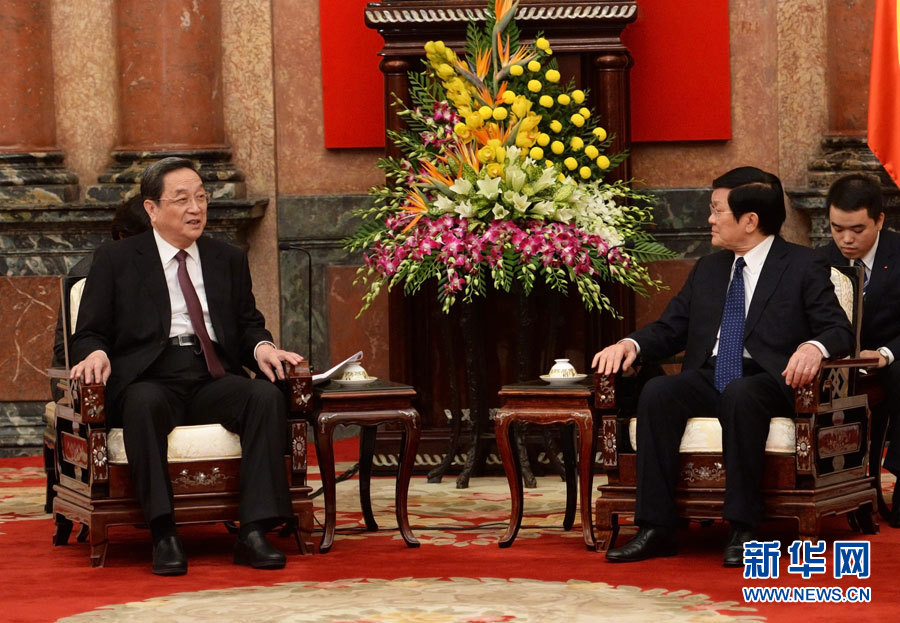 12月25日至27日，中共中央政治局常委、全國(guó)政協(xié)主席俞正聲對(duì)越南進(jìn)行正式訪問(wèn)。這是12月26日，俞正聲在河內(nèi)會(huì)見(jiàn)越南國(guó)家主席張晉創(chuàng)。 新華社記者劉建生攝