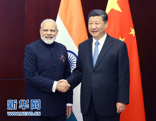 6月9日，國家主席習(xí)近平在阿斯塔納會見印度總理莫迪。 新華社記者姚大偉 攝